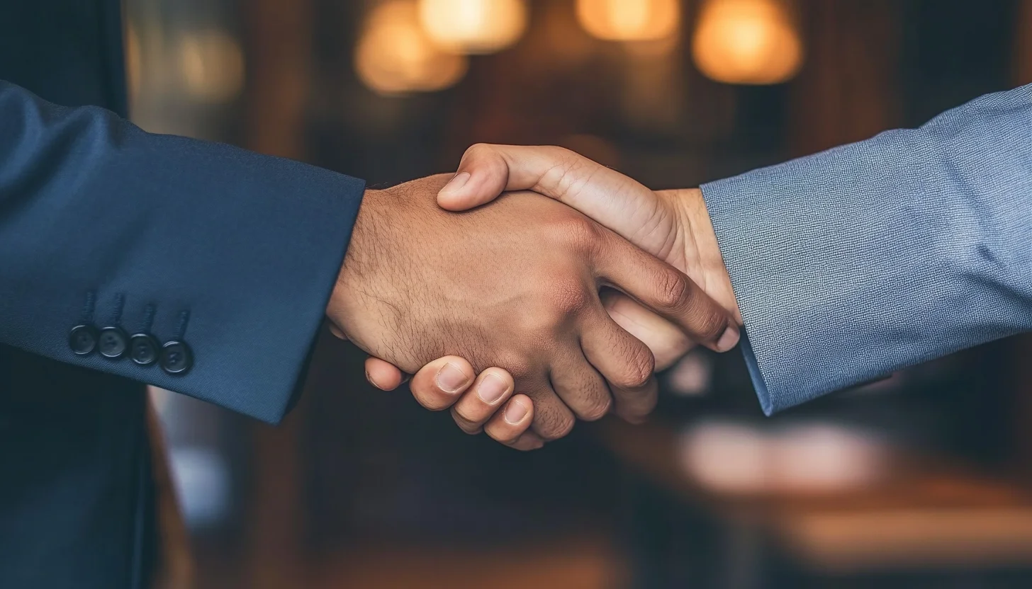 A foreigner and an American shaking hands.